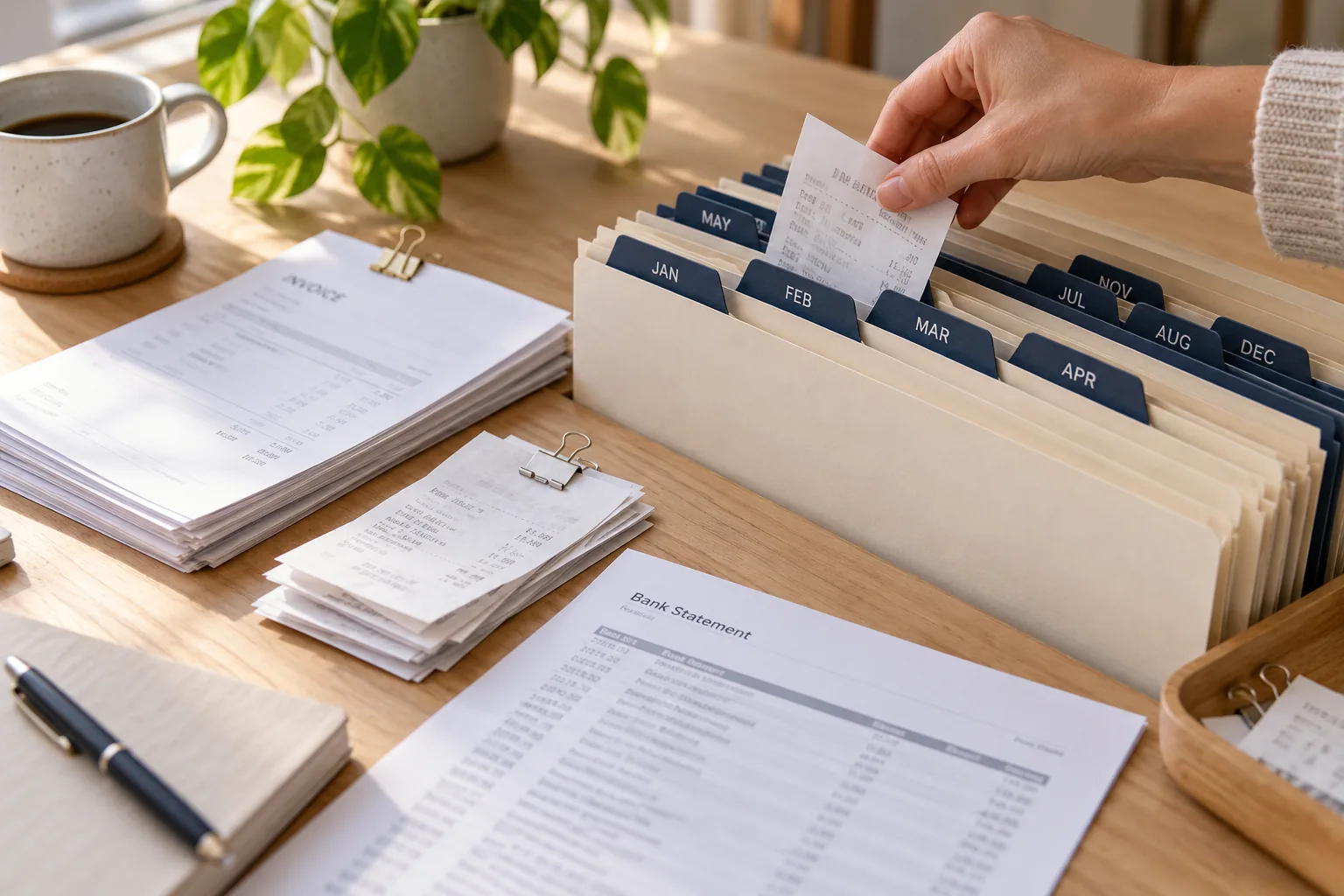 Invoices, receipts and bank records organized into monthly folders.