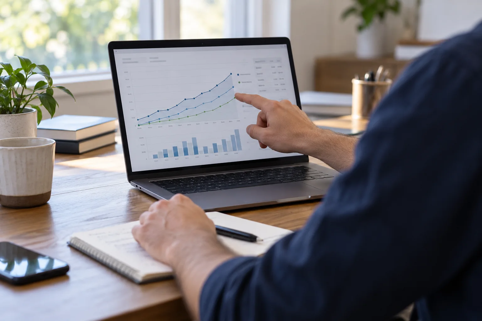 Business financial projections being reviewed on a laptop.