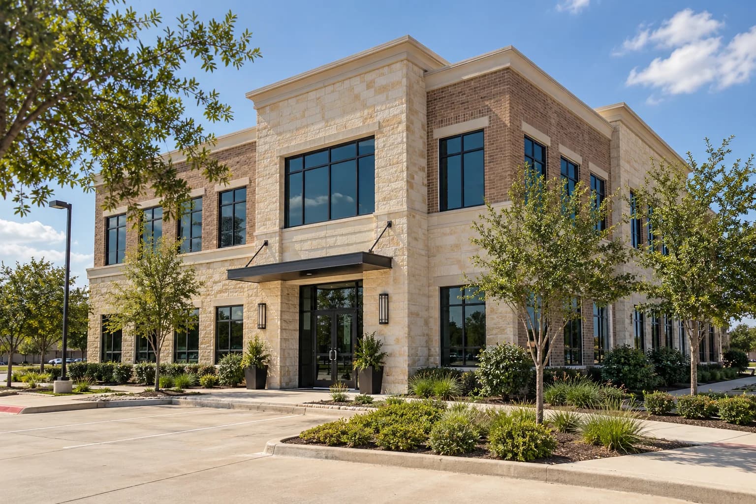 Commercial investment property with exterior lighting and landscaped site improvements.