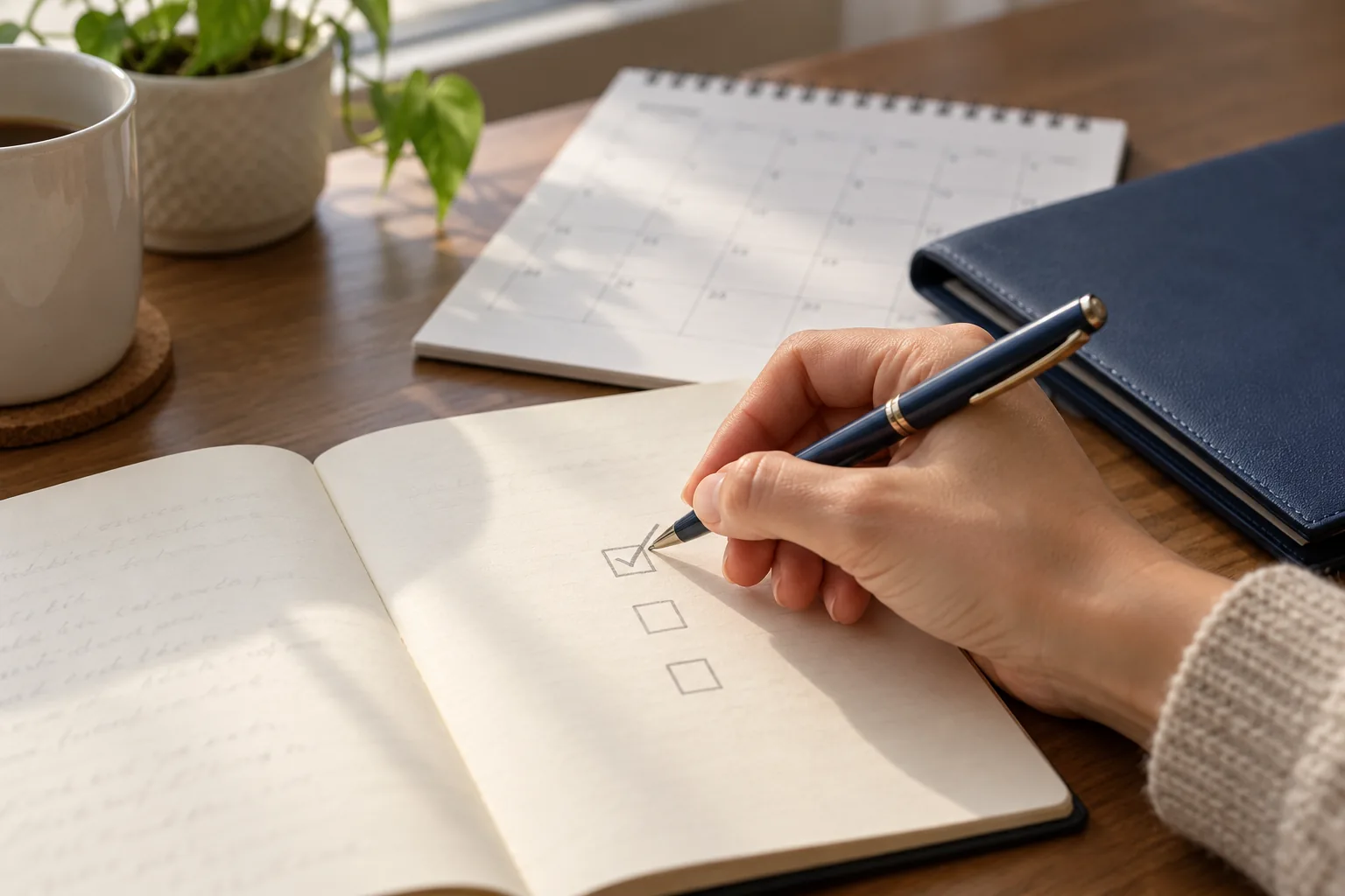 Next actions being organized in a notebook beside a calendar.