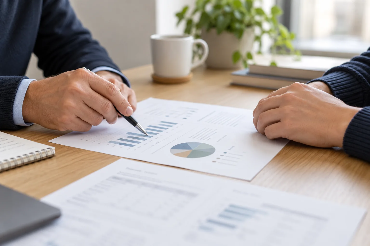 A financial analysis being explained during a discussion across a desk.