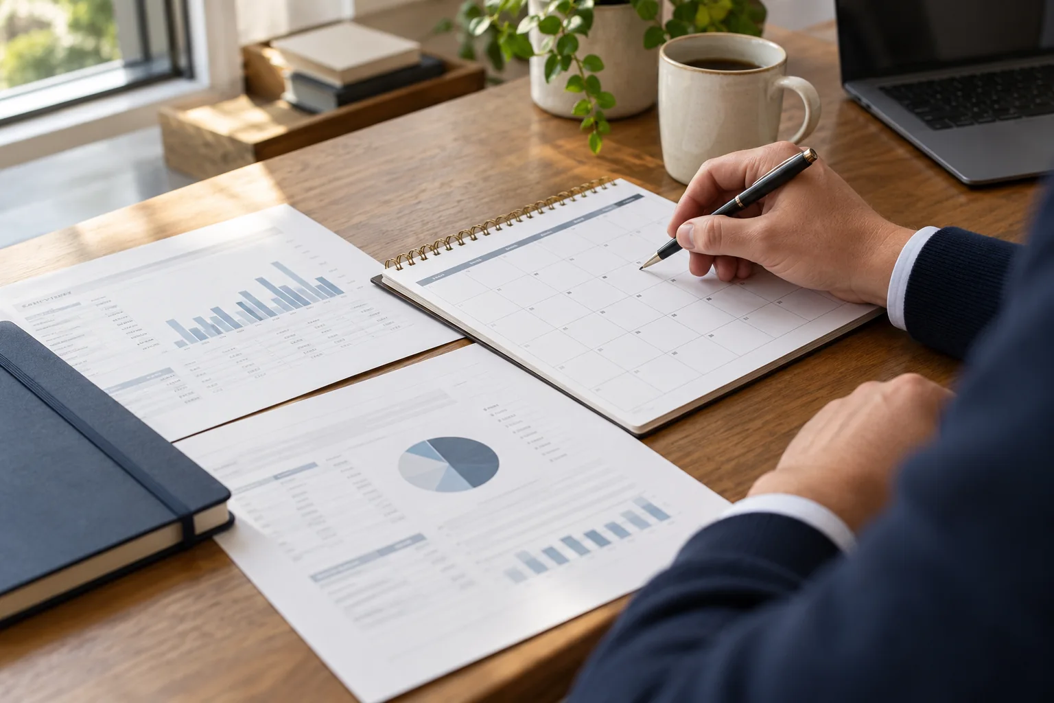 Annual calendar and financial information being reviewed for tax planning.