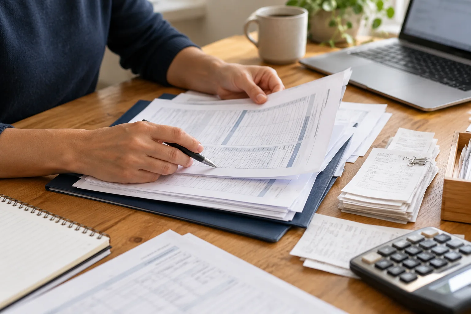 Supporting documents and receipts being reviewed for tax preparation.